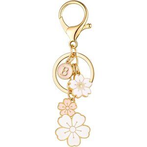 4.1-Inch Pink Initial Keyring with Enamel Flower Charms - Perfect Gift for Her